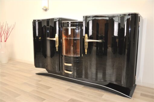 Art Deco Sideboard, original fittings, pianolacquer, handolished, curved glasdoor