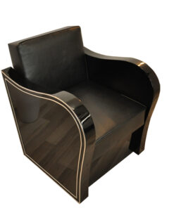 Art Deco armachair, swung armrests, black leather, rotating chromelines