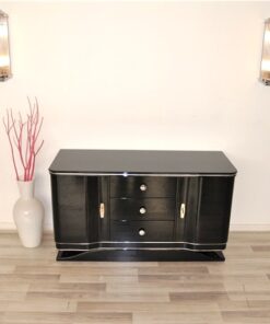 Art Deco Lowboard, curved doors, 3 drawers with chromefittings, wonderful foot, pianolacquer