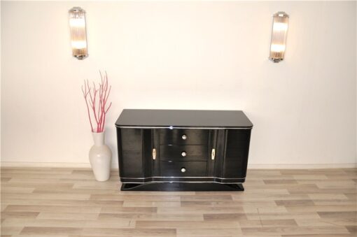 Art Deco Lowboard, curved doors, 3 drawers with chromefittings, wonderful foot, pianolacquer