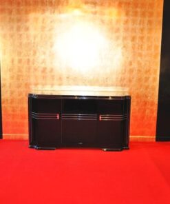 Art Deco Sideboard, Wimbledon, british doorswing, black highgloss surface, leather eytension plate, 2 shelves