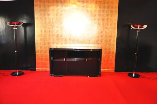 Art Deco Sideboard, Wimbledon, british doorswing, black highgloss surface, leather eytension plate, 2 shelves