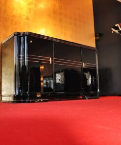 Art Deco Sideboard, Wimbledon, british doorswing, black highgloss surface, leather eytension plate, 2 shelves