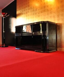 Art Deco Sideboard, Wimbledon, british doorswing, black highgloss surface, leather eytension plate, 2 shelves