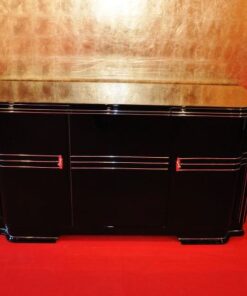 Art Deco Sideboard, Wimbledon, british doorswing, black highgloss surface, leather eytension plate, 2 shelves