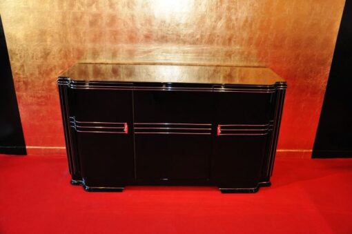 Art Deco Sideboard, Wimbledon, british doorswing, black highgloss surface, leather eytension plate, 2 shelves