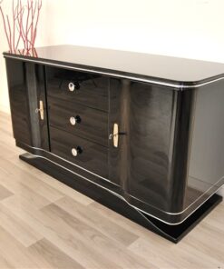 Art Deco Lowboard, curved doors, 3 drawers with chromefittings, wonderful foot, pianolacquer