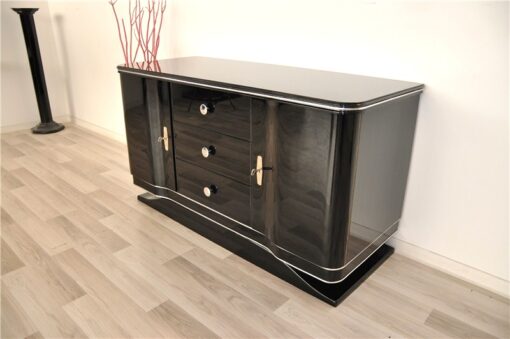 Art Deco Lowboard, curved doors, 3 drawers with chromefittings, wonderful foot, pianolacquer