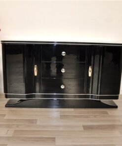 Art Deco Lowboard, curved doors, 3 drawers with chromefittings, wonderful foot, pianolacquer