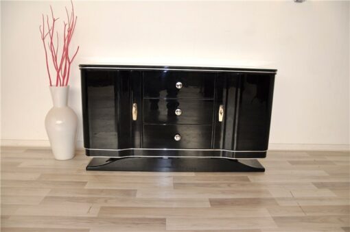 Art Deco Lowboard, curved doors, 3 drawers with chromefittings, wonderful foot, pianolacquer