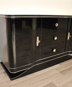 Art Deco Lowboard, curved doors, 3 drawers with chromefittings, wonderful foot, pianolacquer