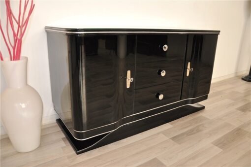 Art Deco Lowboard, curved doors, 3 drawers with chromefittings, wonderful foot, pianolacquer