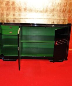 Art Deco Sideboard, Wimbledon, british doorswing, black highgloss surface, leather eytension plate, 2 shelves