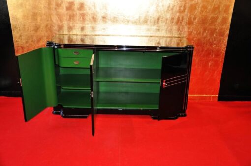 Art Deco Sideboard, Wimbledon, british doorswing, black highgloss surface, leather eytension plate, 2 shelves