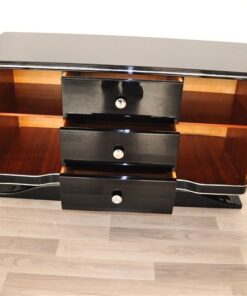 Art Deco Lowboard, curved doors, 3 drawers with chromefittings, wonderful foot, pianolacquer