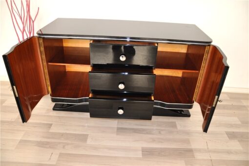 Art Deco Lowboard, curved doors, 3 drawers with chromefittings, wonderful foot, pianolacquer