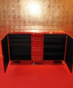 Art Deco Commode, Chromeliner, unique paintjpb in highgloss red, chromelines, interior in matt black