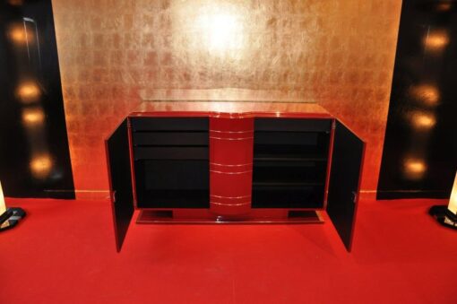 Art Deco Commode, Chromeliner, unique paintjpb in highgloss red, chromelines, interior in matt black