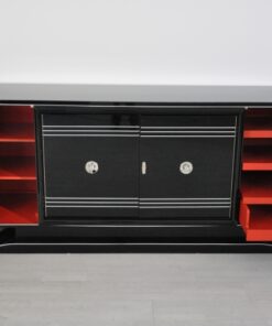 Art Deco Sideboard, Chromliner, red bar compartement, highgloss black, french base, living room, buffet, credenza, elegant