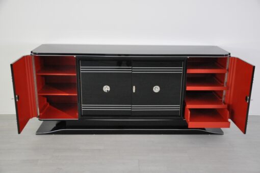 Art Deco Sideboard, Chromliner, red bar compartement, highgloss black, french base, living room, buffet, credenza, elegant