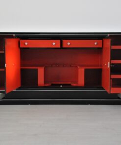 Art Deco Sideboard, Chromliner, red bar compartement, highgloss black, french base, living room, buffet, credenza, elegant