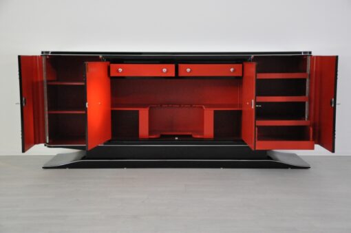 Art Deco Sideboard, Chromliner, red bar compartement, highgloss black, french base, living room, buffet, credenza, elegant