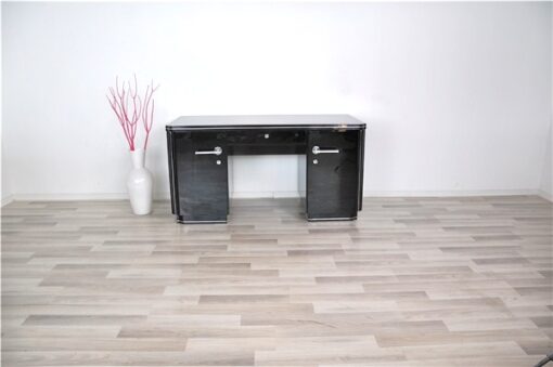 Classic art deco desk, highgloss black, chromehandles, fine chromelines, plenty of storage space