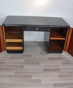 Classic art deco desk, highgloss black, chromehandles, fine chromelines, plenty of storage space