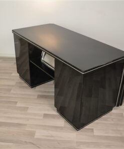 Classic art deco desk, highgloss black, chromehandles, fine chromelines, plenty of storage space