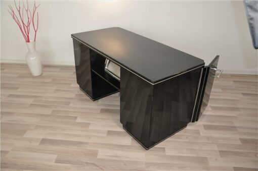 Classic art deco desk, highgloss black, chromehandles, fine chromelines, plenty of storage space