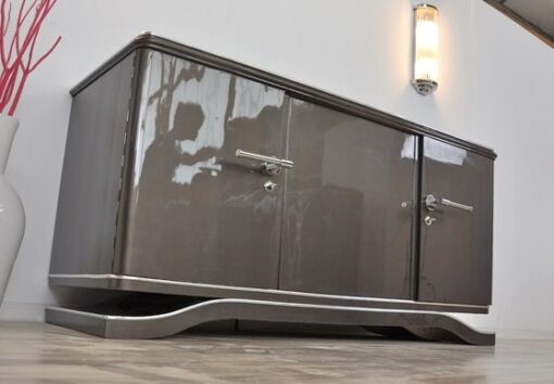 Lowboard Sideboard in Metallic Grey, highgloss paintjob, unique design,great body language, chromehandles