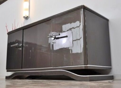 Lowboard Sideboard in Metallic Grey, highgloss paintjob, unique design,great body language, chromehandles