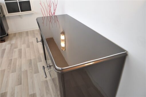 Lowboard Sideboard in Metallic Grey, highgloss paintjob, unique design,great body language, chromehandles