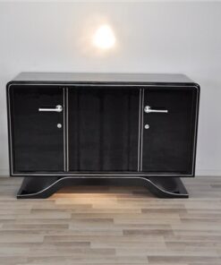 Highgloss Art Deco Sideboard, Pianolacquer, Chromelines, round Body Form, clean interior