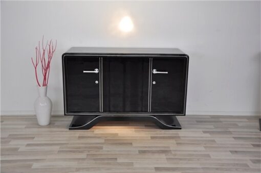 Highgloss Art Deco Sideboard, Pianolacquer, Chromelines, round Body Form, clean interior