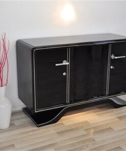 Highgloss Art Deco Sideboard, Pianolacquer, Chromelines, round Body Form, clean interior