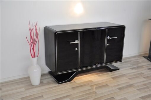 Highgloss Art Deco Sideboard, Pianolacquer, Chromelines, round Body Form, clean interior