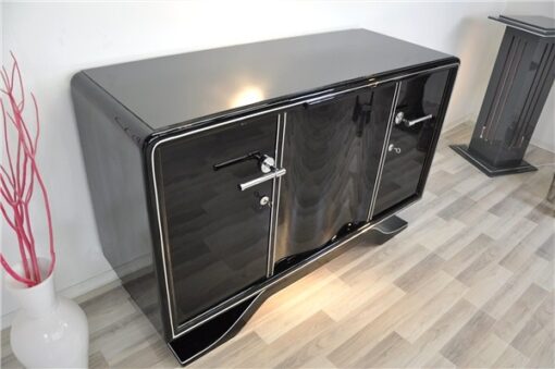 Highgloss Art Deco Sideboard, Pianolacquer, Chromelines, round Body Form, clean interior