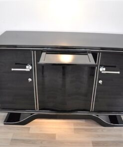 Highgloss Art Deco Sideboard, Pianolacquer, Chromelines, round Body Form, clean interior