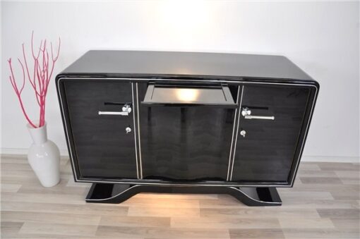 Highgloss Art Deco Sideboard, Pianolacquer, Chromelines, round Body Form, clean interior