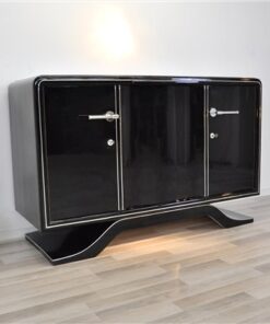 Highgloss Art Deco Sideboard, Pianolacquer, Chromelines, round Body Form, clean interior