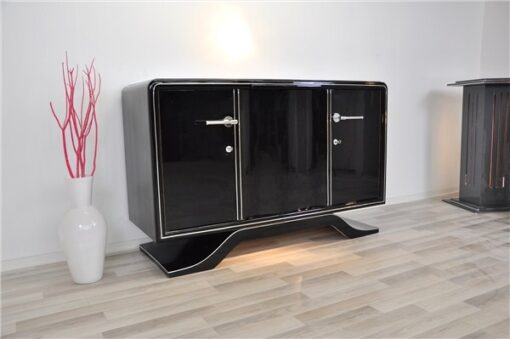 Highgloss Art Deco Sideboard, Pianolacquer, Chromelines, round Body Form, clean interior