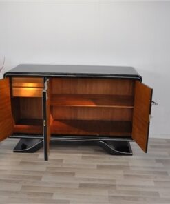 Highgloss Art Deco Sideboard, Pianolacquer, Chromelines, round Body Form, clean interior