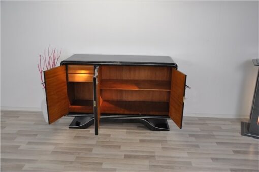 Highgloss Art Deco Sideboard, Pianolacquer, Chromelines, round Body Form, clean interior