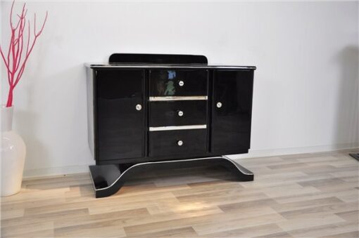 Art Deco Commode, highgloss black finish, piano lacquer, wonderful curved foot, great chrome elements