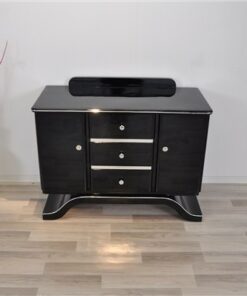 Art Deco Commode, highgloss black finish, piano lacquer, wonderful curved foot, great chrome elements