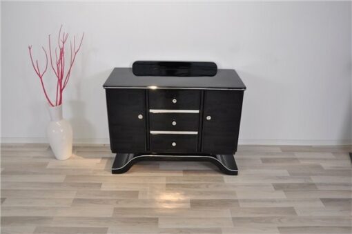 Art Deco Commode, highgloss black finish, piano lacquer, wonderful curved foot, great chrome elements