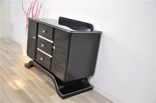 Art Deco Commode, highgloss black finish, piano lacquer, wonderful curved foot, great chrome elements