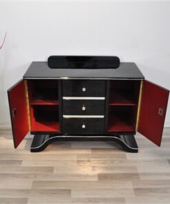 Art Deco Commode, highgloss black finish, piano lacquer, wonderful curved foot, great chrome elements