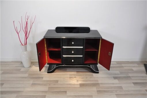 Art Deco Commode, highgloss black finish, piano lacquer, wonderful curved foot, great chrome elements